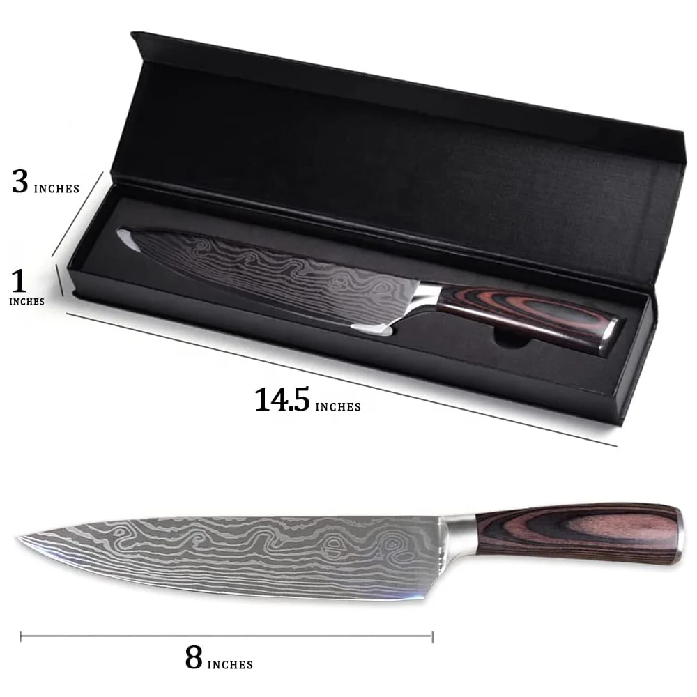 Hot Sale Stainless Steel Kitchen Knife Professional 8inch Chef Knife with Damascus Laser Pattern