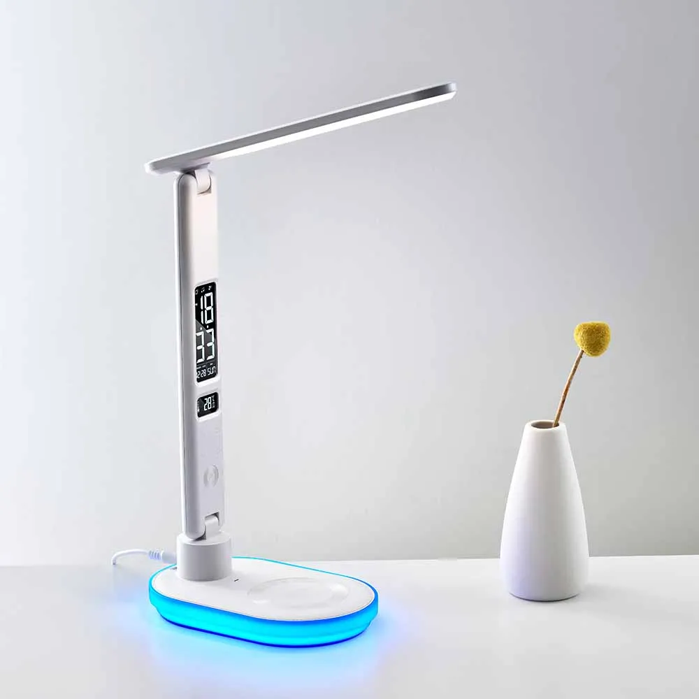 Foldable Desk Lamp Led Table Lamp With Calendar Temperature Alarm Clock wireless charger with  USB port