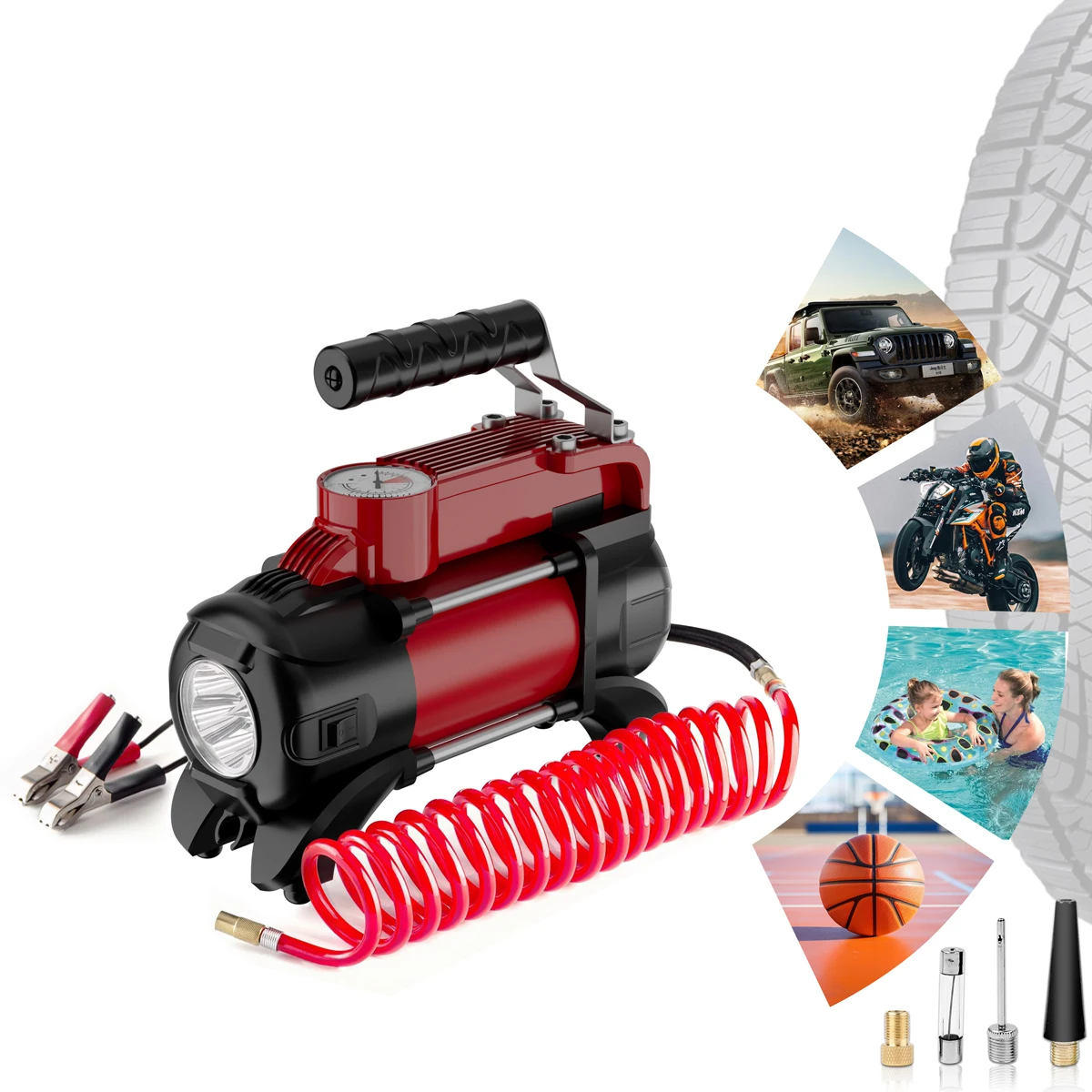 Tire double cylinder air compressor tire 12v air pump with LED light