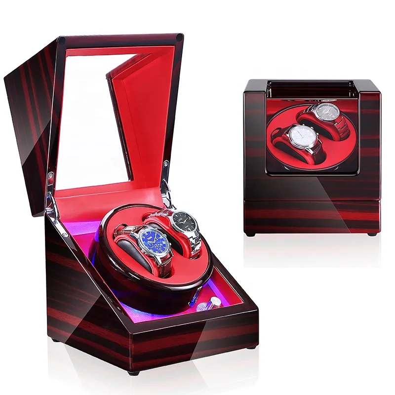 PU Leather Liner MDF Frame Piano Lacquer Finish Red Watch Winder Dual Watches Rotation Automatic Movement Watch Orbit Box