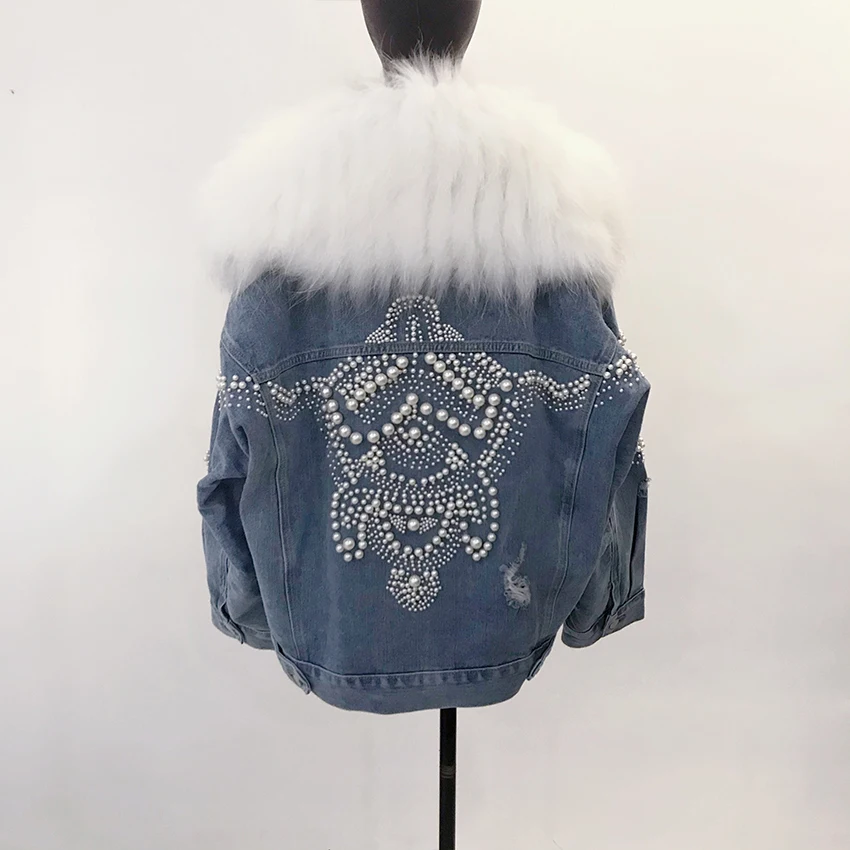 New Design Fur Hood Parka Winter Parkas Womens Warm Casual Denim Real Raccoon Fur Parka