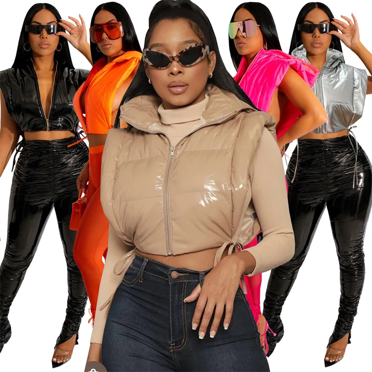 Trendy Ladies PU Leather Coat Sleeveless Side Slit Hooded Street Wear Fall Womens Puffer Jacket