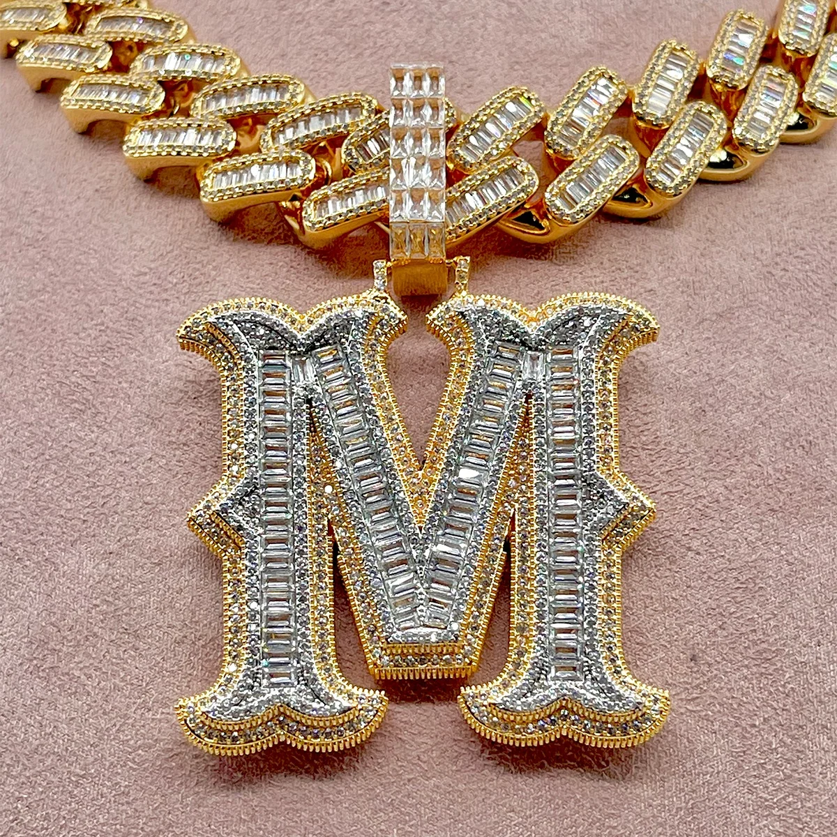 Initial A-Z Baguette Name Letter Pendant For Women Necklace Bling Zircon Hip Hop Rock Street Jewelry