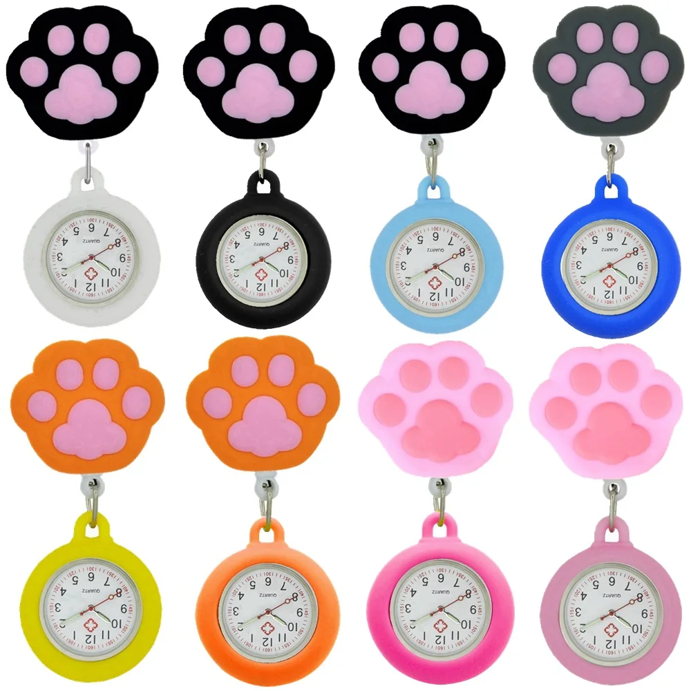 Colourful Lovely Cat Claw Retractable Footprints Nurse Doctor Women Hospital Clips Pocket  Watches Medical Gifts Clock Watch