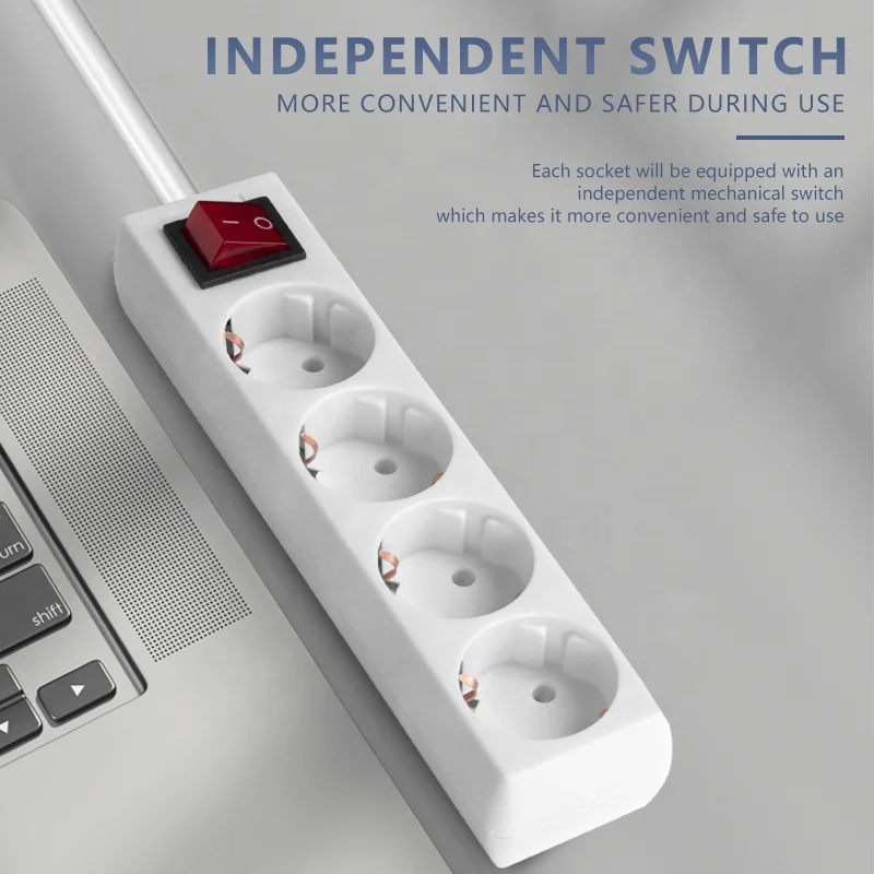 Multi-plug European standard extension power socket outlet 4way with switch hot sell electric smart eu power strip