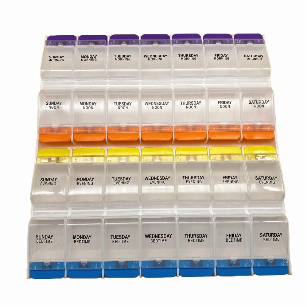 Hot Sale Pill OrganizerVitamin and Medicine Box Push Button 28 Compartments 4 Times a Day Plastic Box