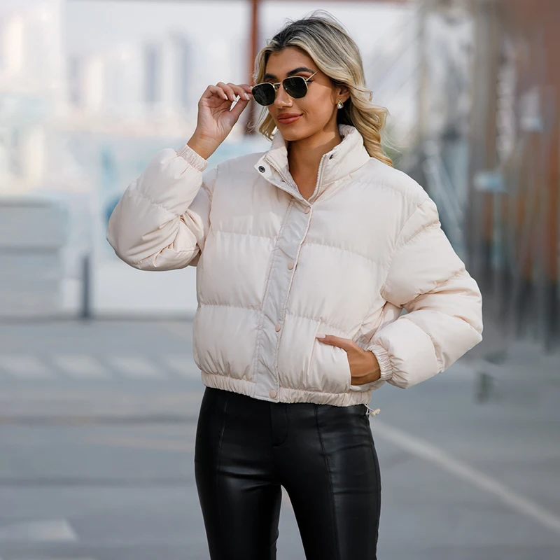 Button Cropped Puffer Jacket Adjustable Bottom Women Bubble Coat Leisure Short Cotton Padded Jacket
