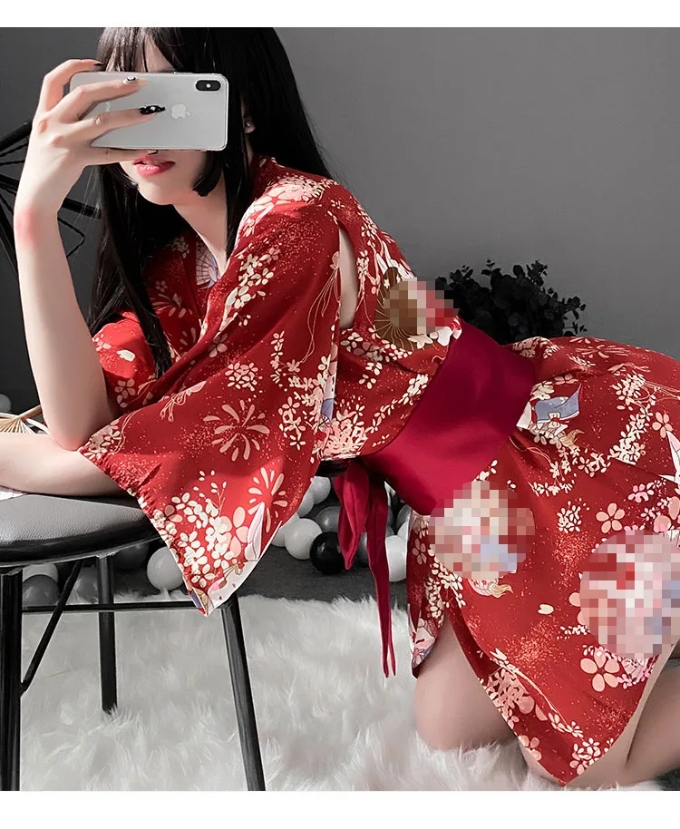 Hot Sale Women Japanese Geisha Sakura Obi Belt G-string Lingerie Erotic Hot Sex Red Satin Kimono Sexy Costume Set