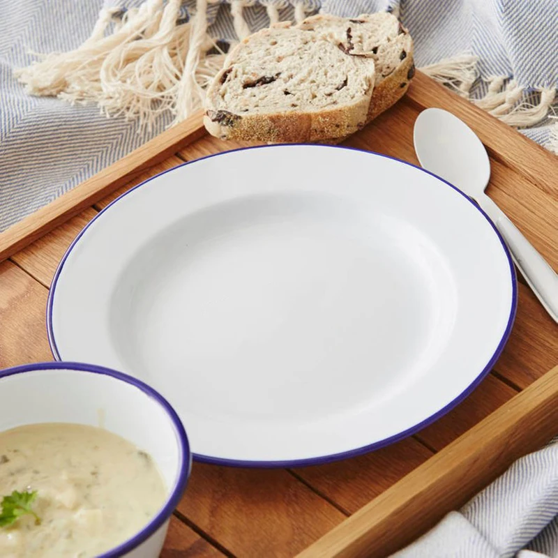 Wholesale Vintage Cast Iron Enamel Dish Solid White Enamel Dinner Plate Dish With Black/Blue/Red Rim