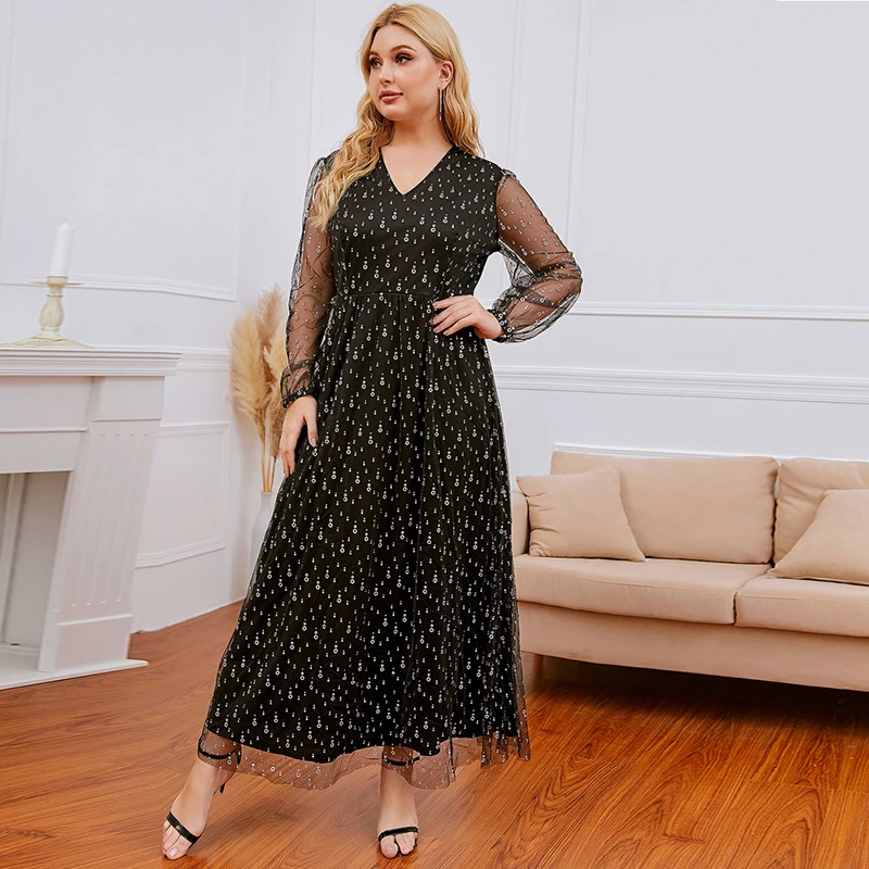 Women Black Lace Plus Size Maxi Evening Dresses With Sequined Mother Of the Bride Dresses