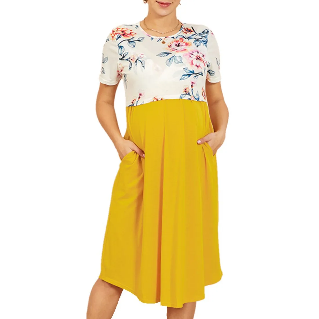 Summer hot selling contrast color maternity dress print short-sleeved loose nursing dress breastfeeding clothes women 2021