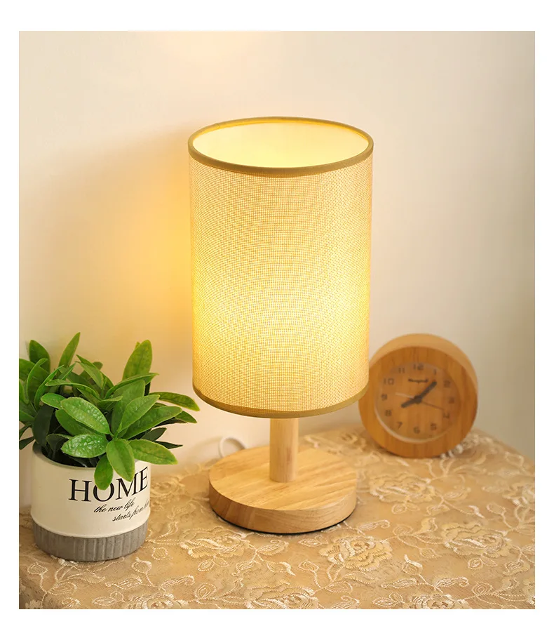 Bedroom Bedside LED Night Light Wooden Small USB Table Lamp Warm White Desk Reading Lamp with Round Fabric Shade for Kid Room