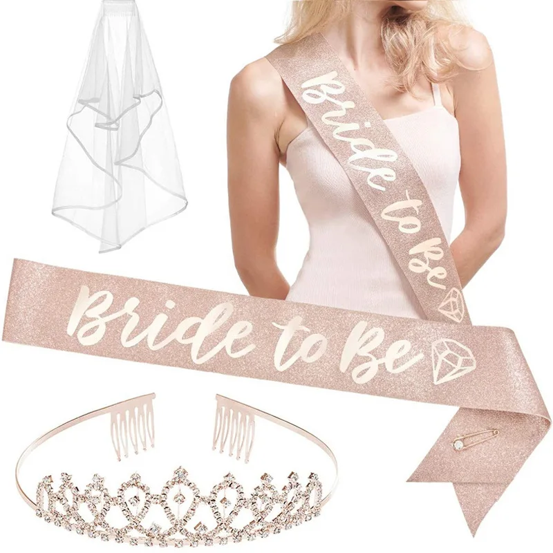 Bachelorette party set bride to be rose-gold cloth crown set bridal veil sash