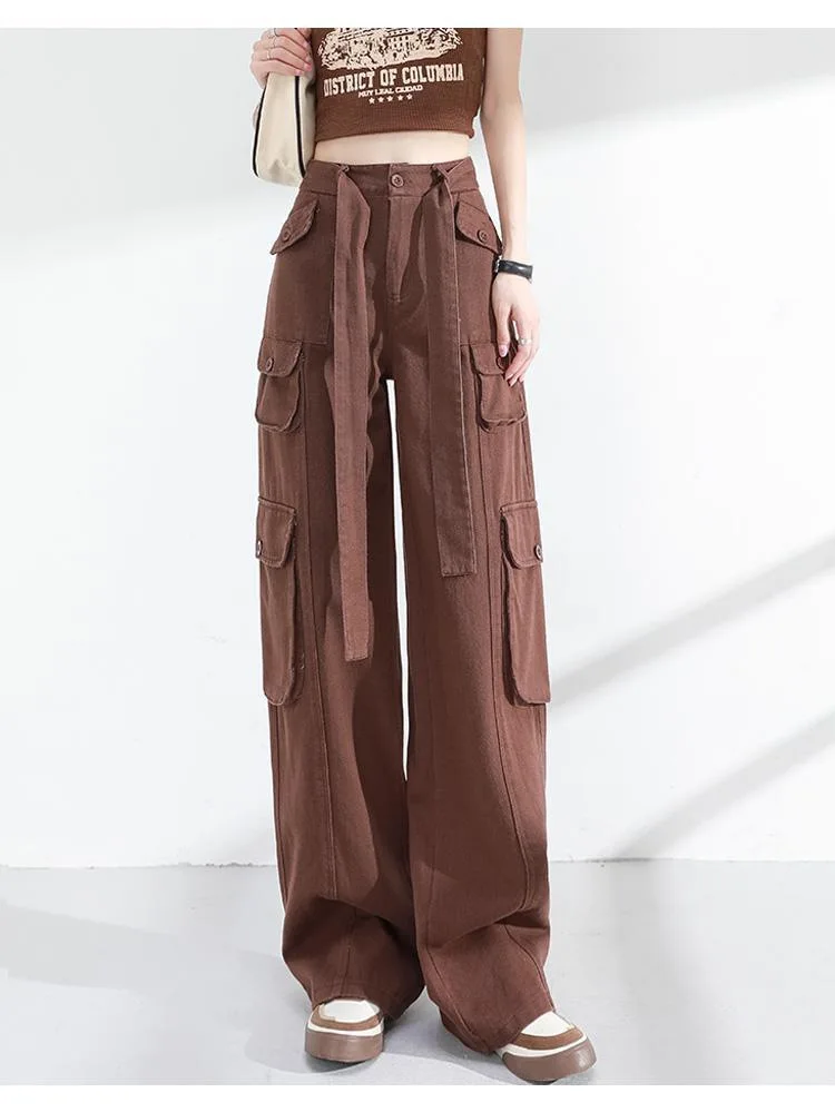 Women Brown Vintage Cargo Pants Baggy Jeans Women High Waist Fashion 90s  Cool Girl Slim Multiple Pockets Design Cargo Pants