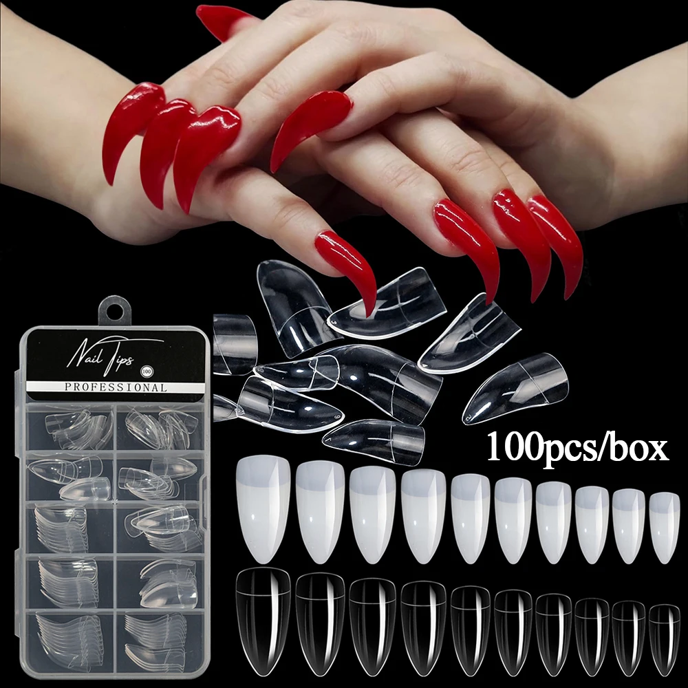 100pcs/box Hawk Curved Nail Tips Full Cover Eagle Claw Curve False Nails Extension Packaging for Art Salon