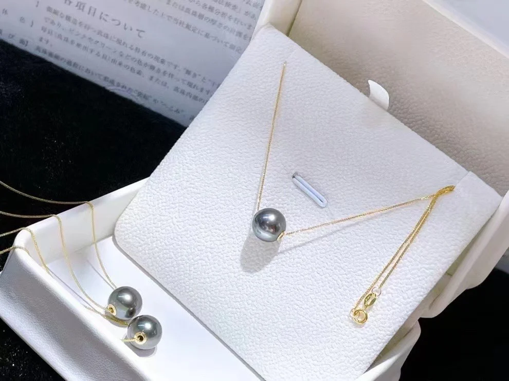 Custom 18k gold natural 11~10mm seawater black pearl necklace price