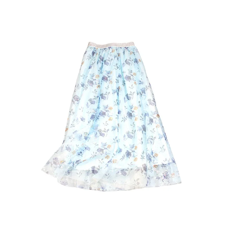 Women Vintage Long Pleated Floral Printed  Mesh Skirts Elegant women casual Long Tulle  Skirt