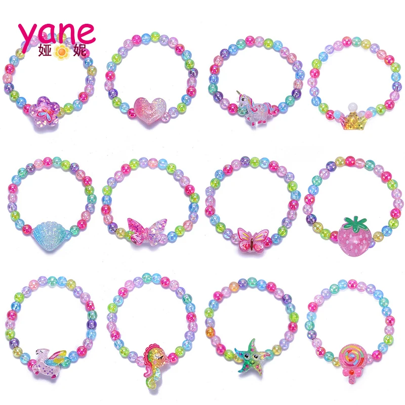 Baby girls plastic beaded bracelets multi charms candy unicorn kids plastic jewelry custom kids jewelry