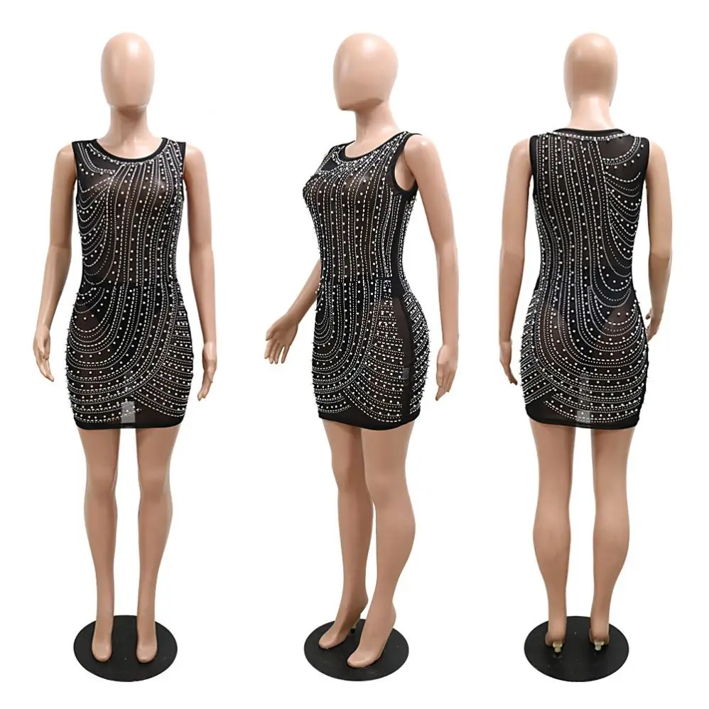 Mesh rhinestone sleeveless women bodycon mini dress women party dress evening club wear outfits