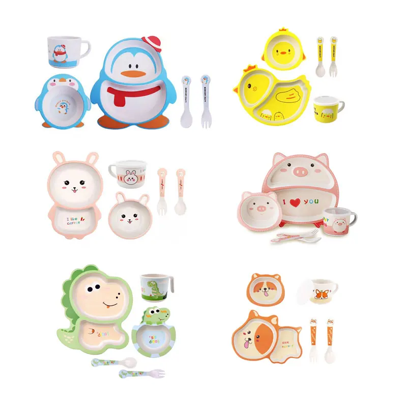 5 piece tableware set bamboo fiber kid eco suction plates dinnerware animal cartoon melamine bamboo kids dinnerware set for baby