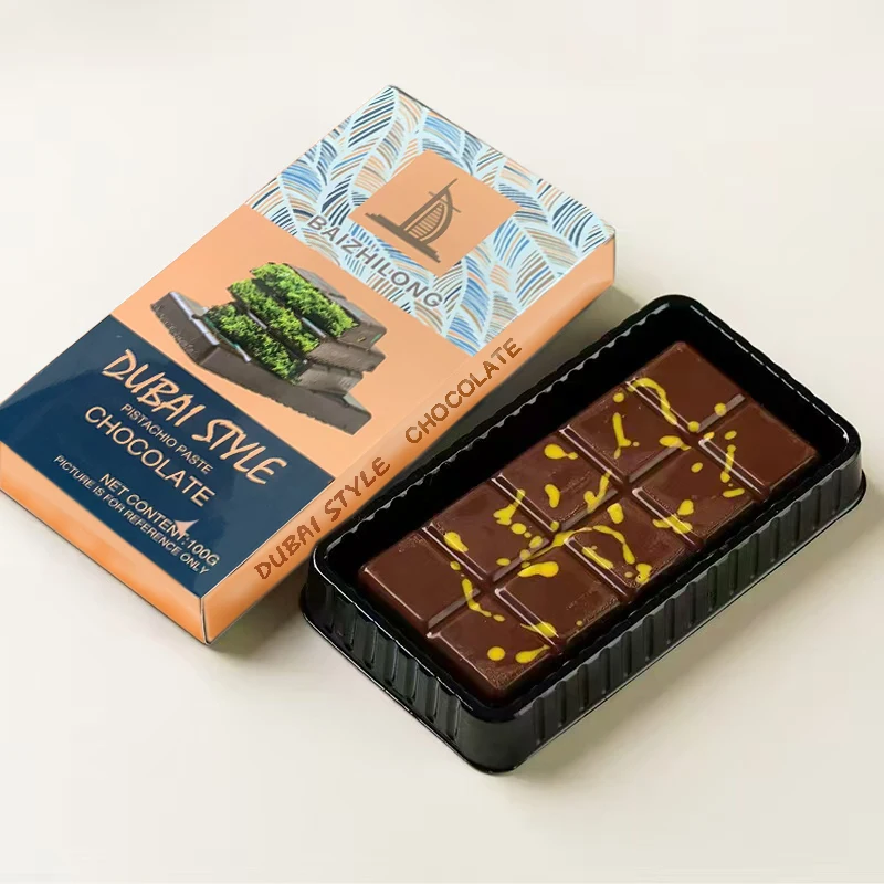 Wholesale High Quality Exotic Handmade Crisp Dubai Famous Pistachio Chocolate 100g bar Food Snacks OEM