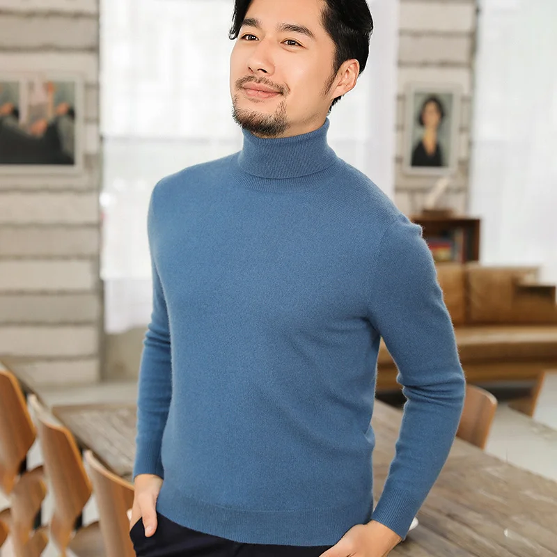 
OEM Men High Collar Pullover Long Sleeve Knitwear Pure Color Sweater 