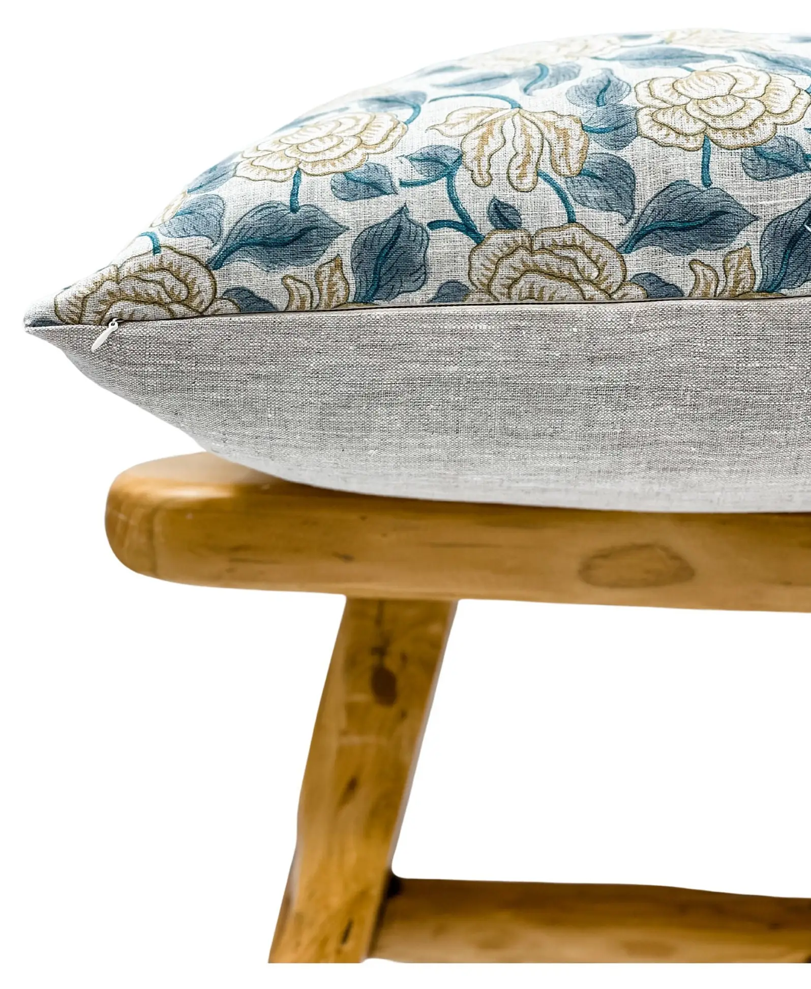 Custom Boho Throw Printed Floral Teal Blue With Mustard On Natural Linen Pillow Cover Cushion Covers Decorative Home