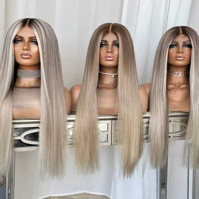 Highlight honey brown color human hair lace front wigs Highlight bone straight Virgin Human Hair HD Lace Front Wig