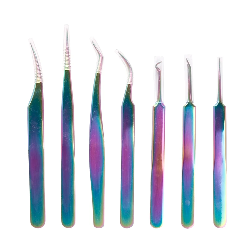 Stainless Steel Color Titanium False Eyelash Extension Tweezers Straight Head Elbow Clippers Rainbow Nipper Sets