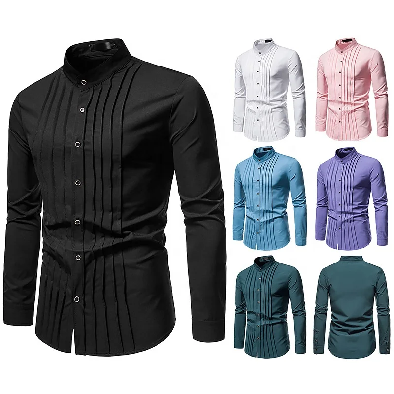 Mens Ruffled Tuxedo Shirts Stretch French Bow Tie Pleated Tops Mandarin Collar Blouse Slim Fit Wedding Outfits Formal Shirt