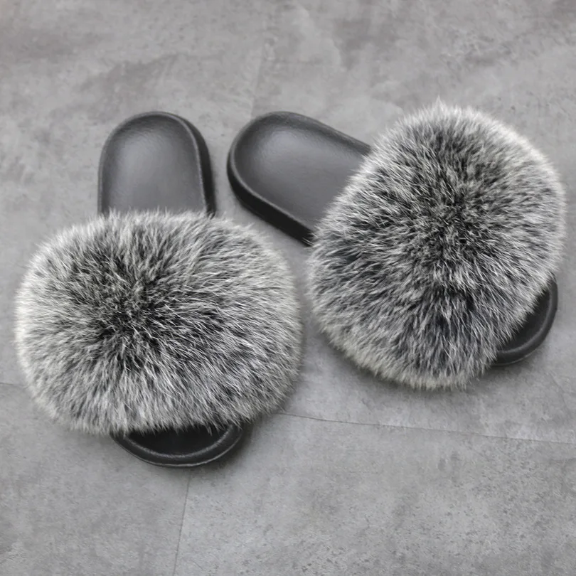Drop Shipping Service Real Fox Slippers Anti-Slip Raccoon Slide Sandals Custom Fashion Fur Slides For