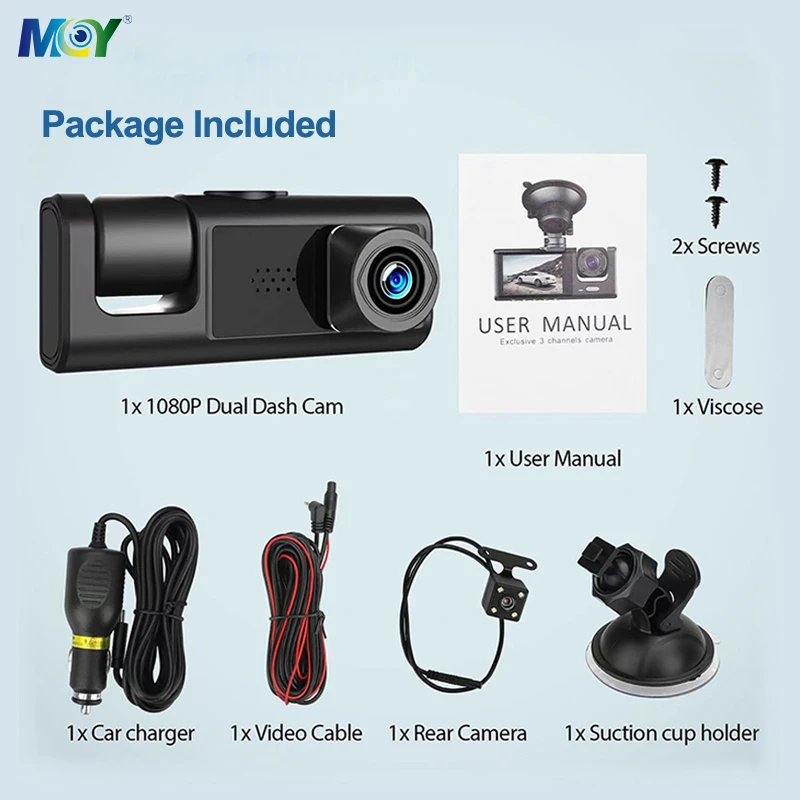 3 Lens 1080P Dash Cam with Front Inside Rear Cameras Build in WiFi Phone App Control Loop Recording Night Vision for all Cars