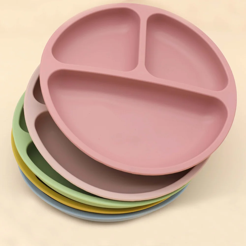 silicone baby modern divided round suction silicone dinner plate tableware with adsorption silicon kids food plate