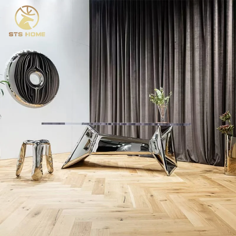 Modern  Creative design dining room table 10 seats stainless steel base acrylic top office table workroom table