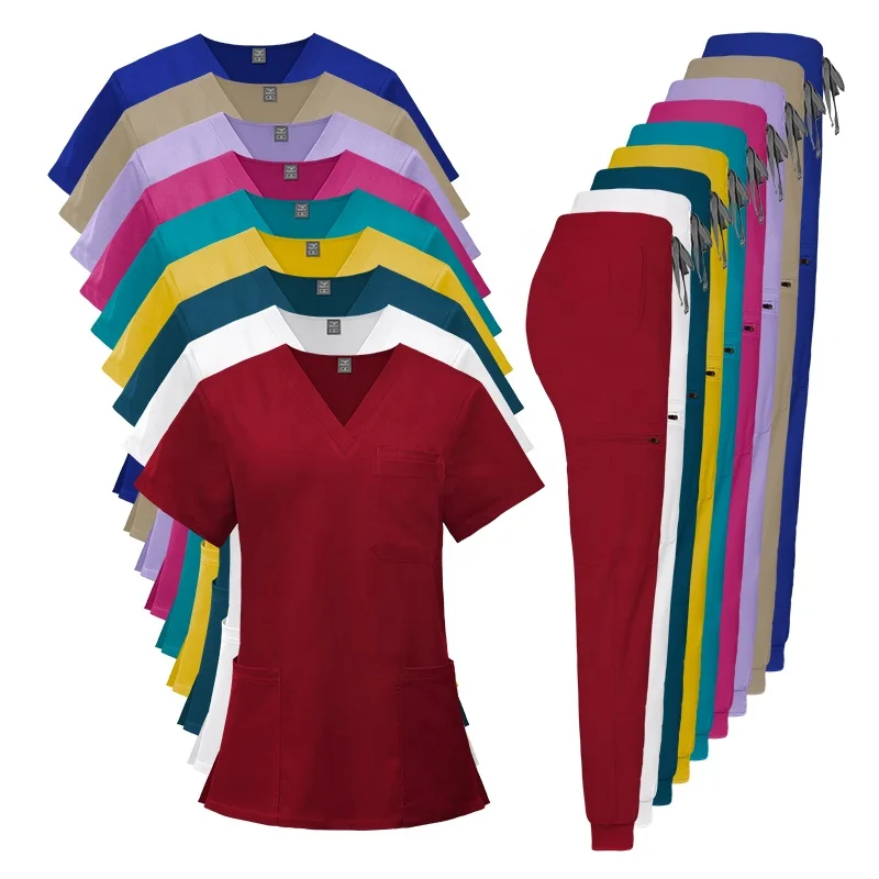 OEM Own Logo V-neck Pockets Stretchy Spa Uniforms Nurse Set Jogger Mango Yellow Surgical Uniforms Nursing Scrub Jogger Pants