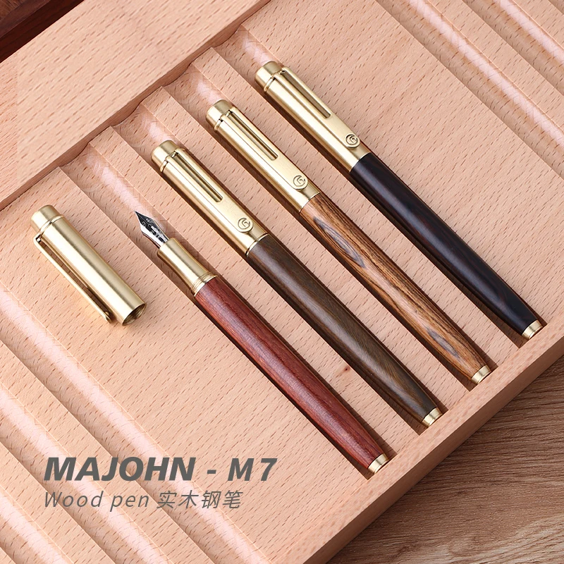 MAJOHN M7 Brass cap solid wood fountain pen adult student writing rotating ink absorbing gift boxed stationery made in China