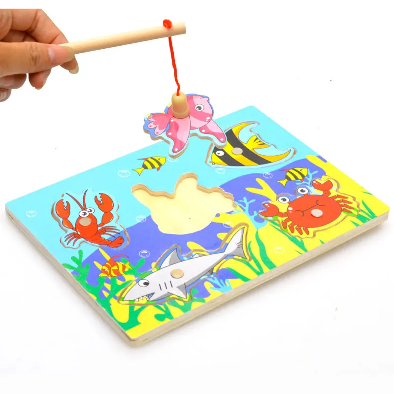 Magnetic Fishing Puzzle Kids Matching Game Children Wooden Puzzle Toys