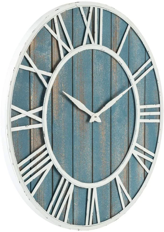 
24inch 60cm Metal & Solid Wood Whisper Quiet Noiseless Weathered Beach coastal Blue wooden Wall Clock 