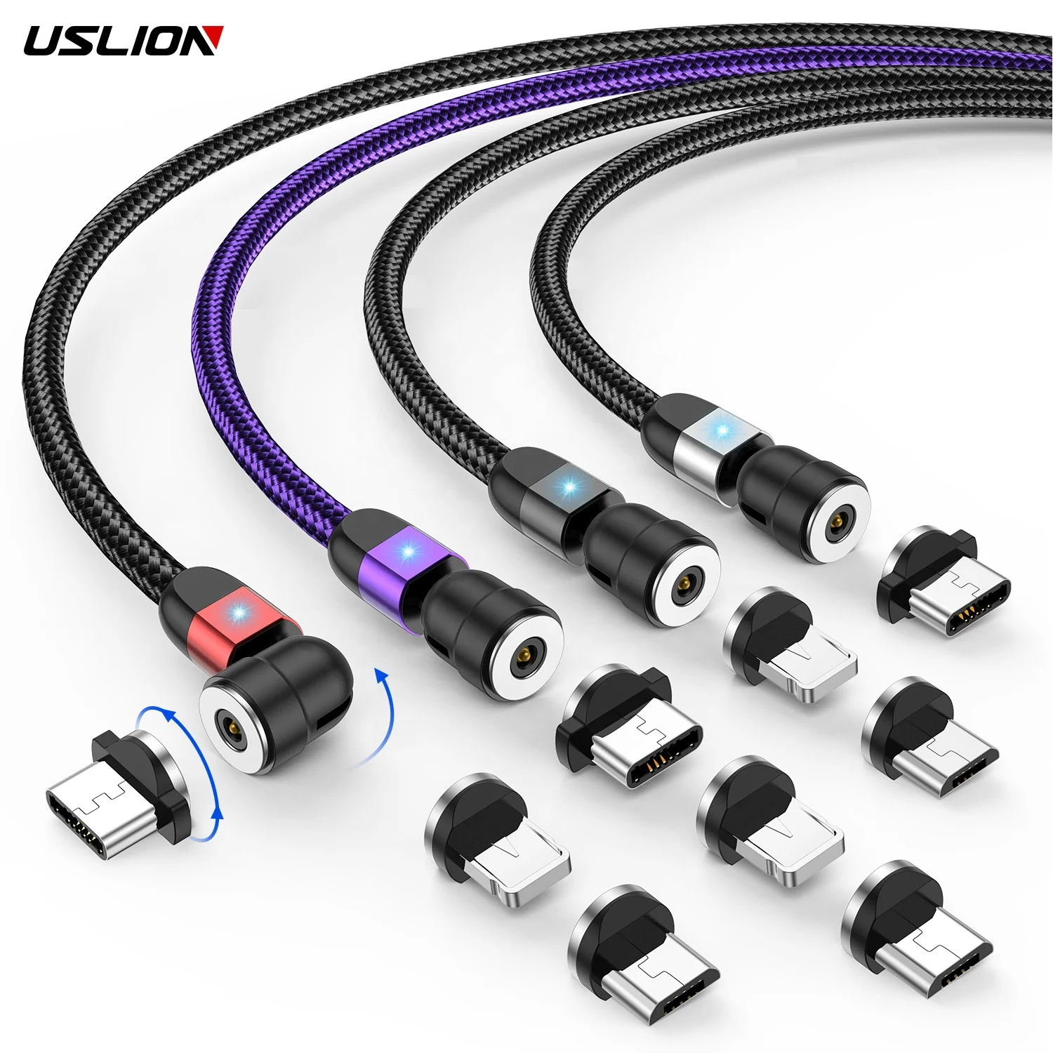 USLION 540 Rotation 3 in 1 USB Cable Type C Magnetic Cable Charger Charging Cable Magnet Micro USB