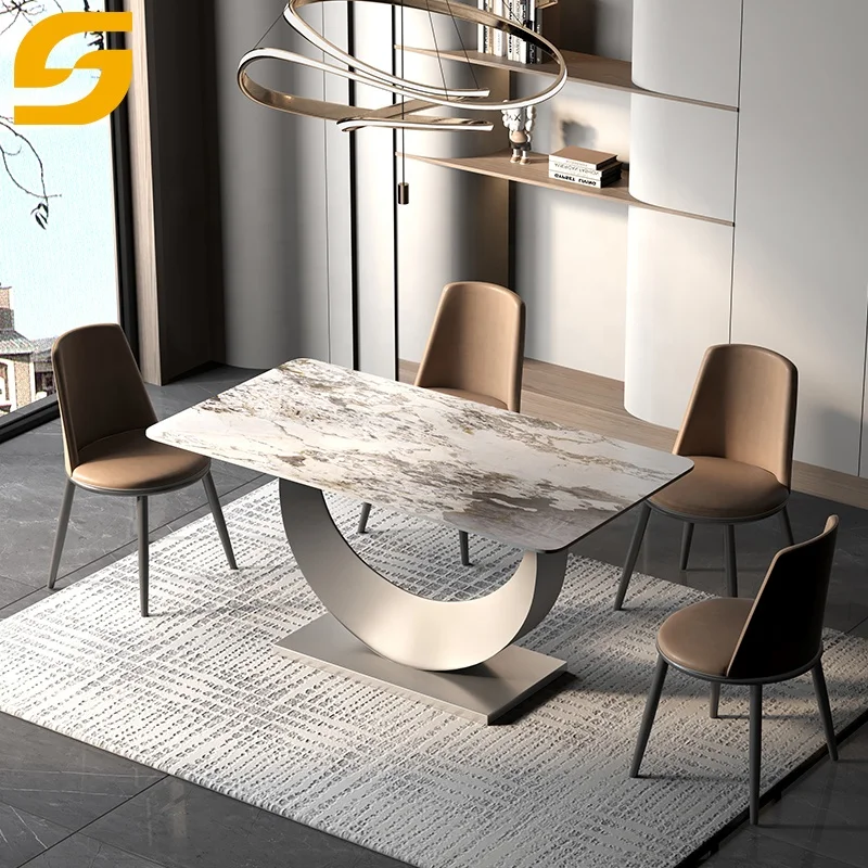 Modern Home Furniture Simple Luxury Design 6 Seater Dining Table Set Stainless Steel Base Rectangle Sintered Stone Dining Table