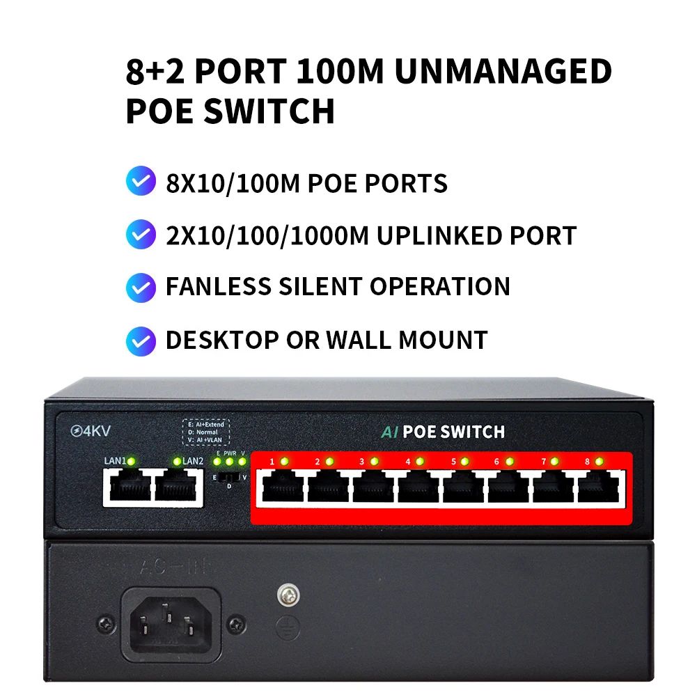 Factory Direct Sales POE SWITCH 8*POE Port + 2 *Uplink  PoE Switch ,120W Built-in Power,IEEE 802.3 af/at POE for IP Camera