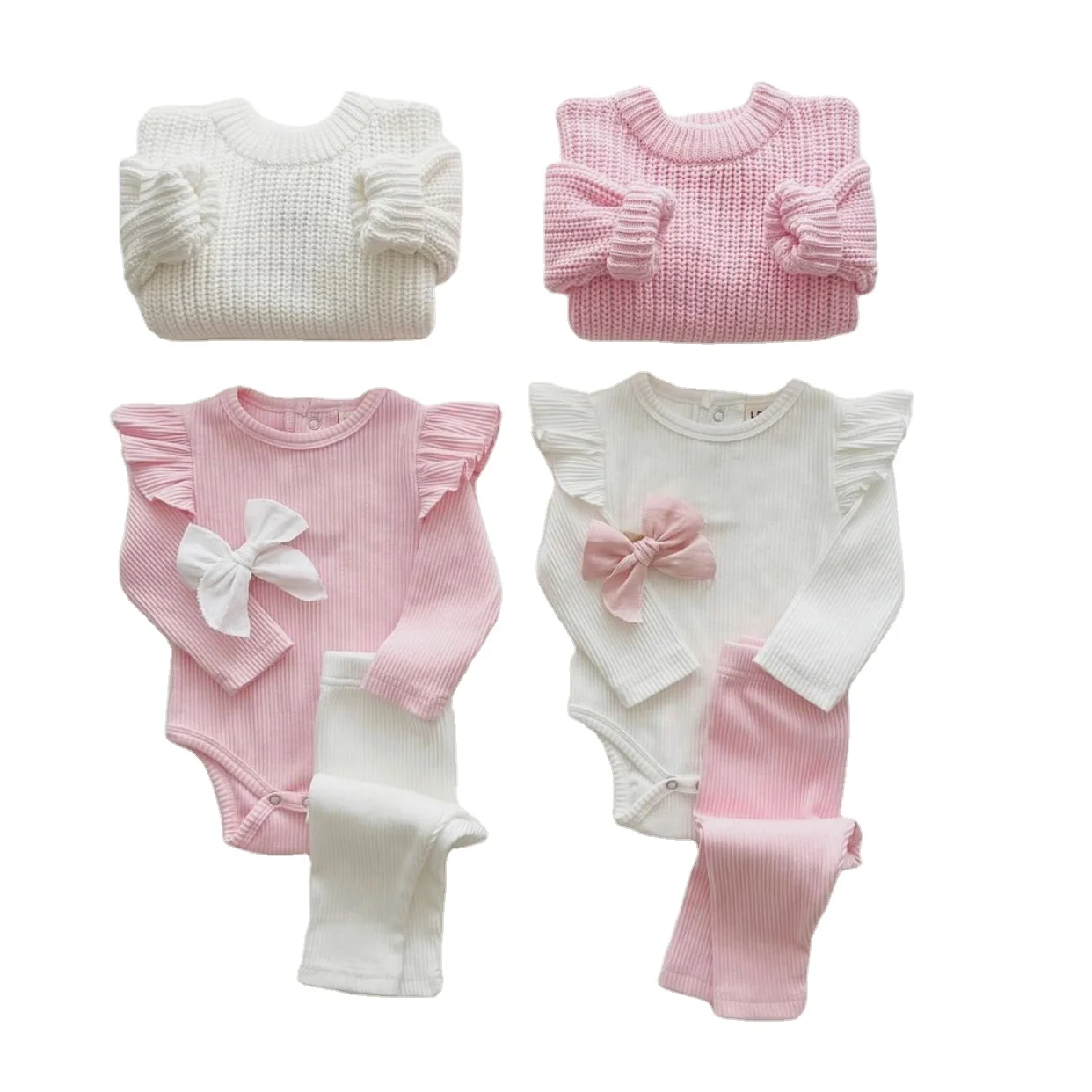 Custom OEM Newborn Infant Toddler Girls Romper Clothes Solid Color Flying sleeve Baby Romper with pants and headband set