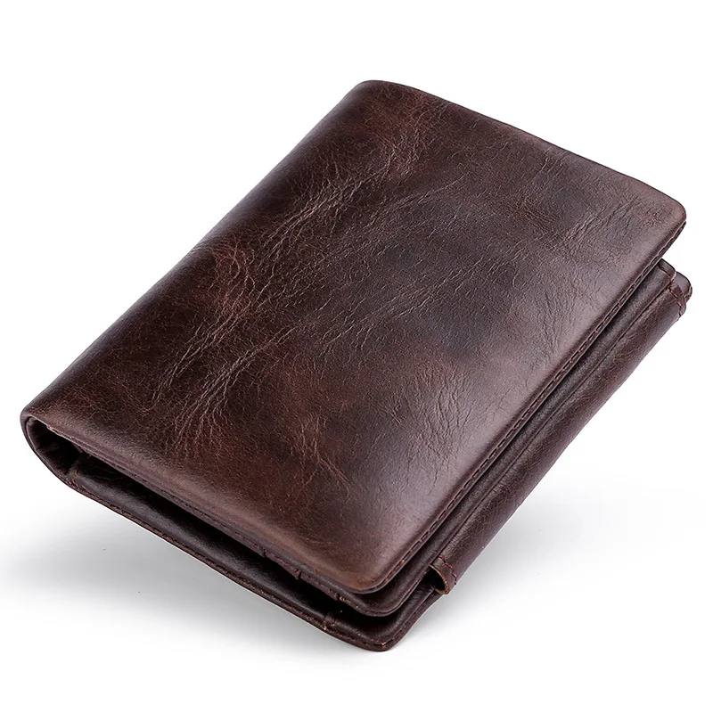 Free shipping Vintage soft oil wax leather anti-theft men trifold short wallet with zipper coin pocket