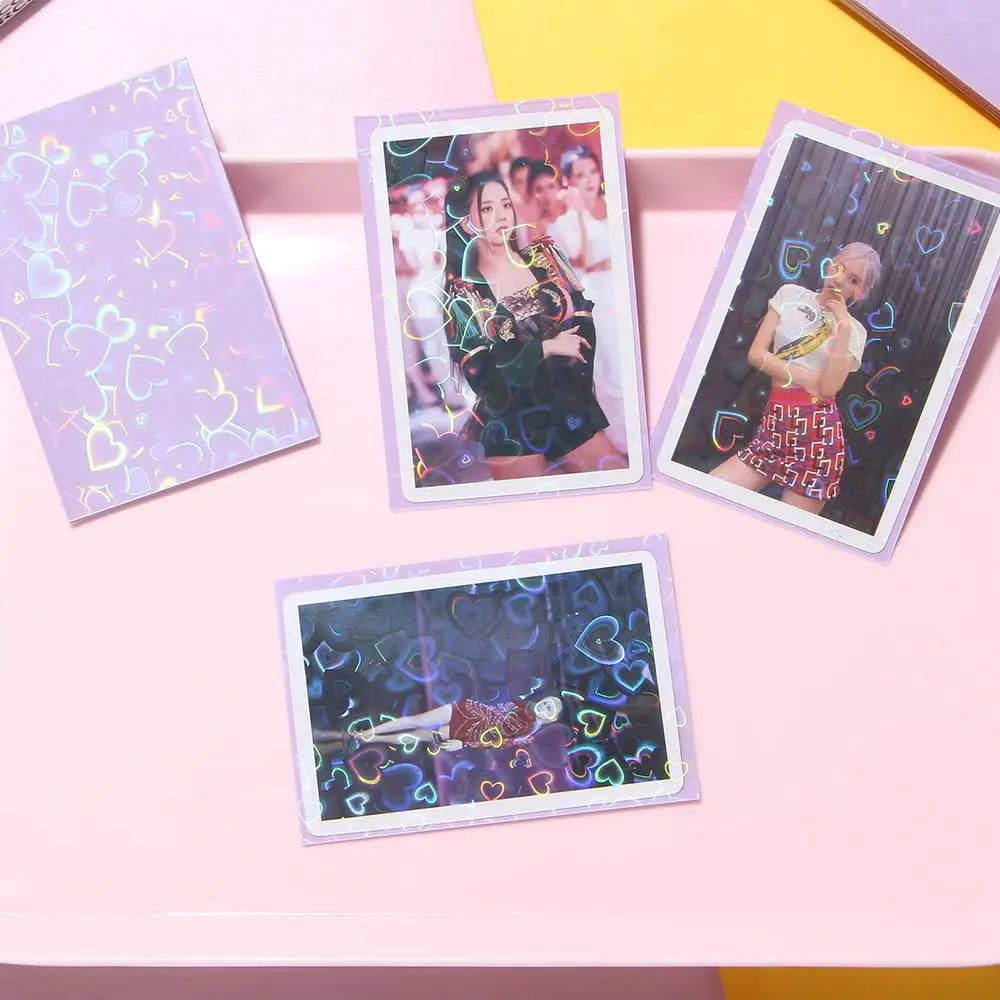 Laser Flashing Heart Kpop Photocard Sleeves Holographic Clear Card Sleeves Card Protector Fit Sleeves Star Photo