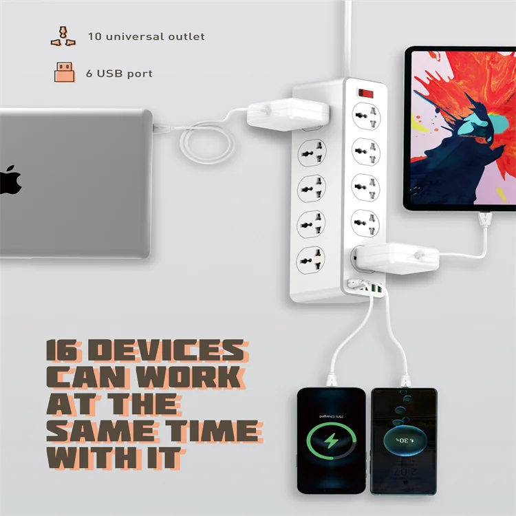 LDNIO SC10610 Power Strip With USB Port And Switch Extension Power Socket 2500 W 10 OUTLETS 5 USB-A 1 USB-C PD/QC 3.0 UK EU US