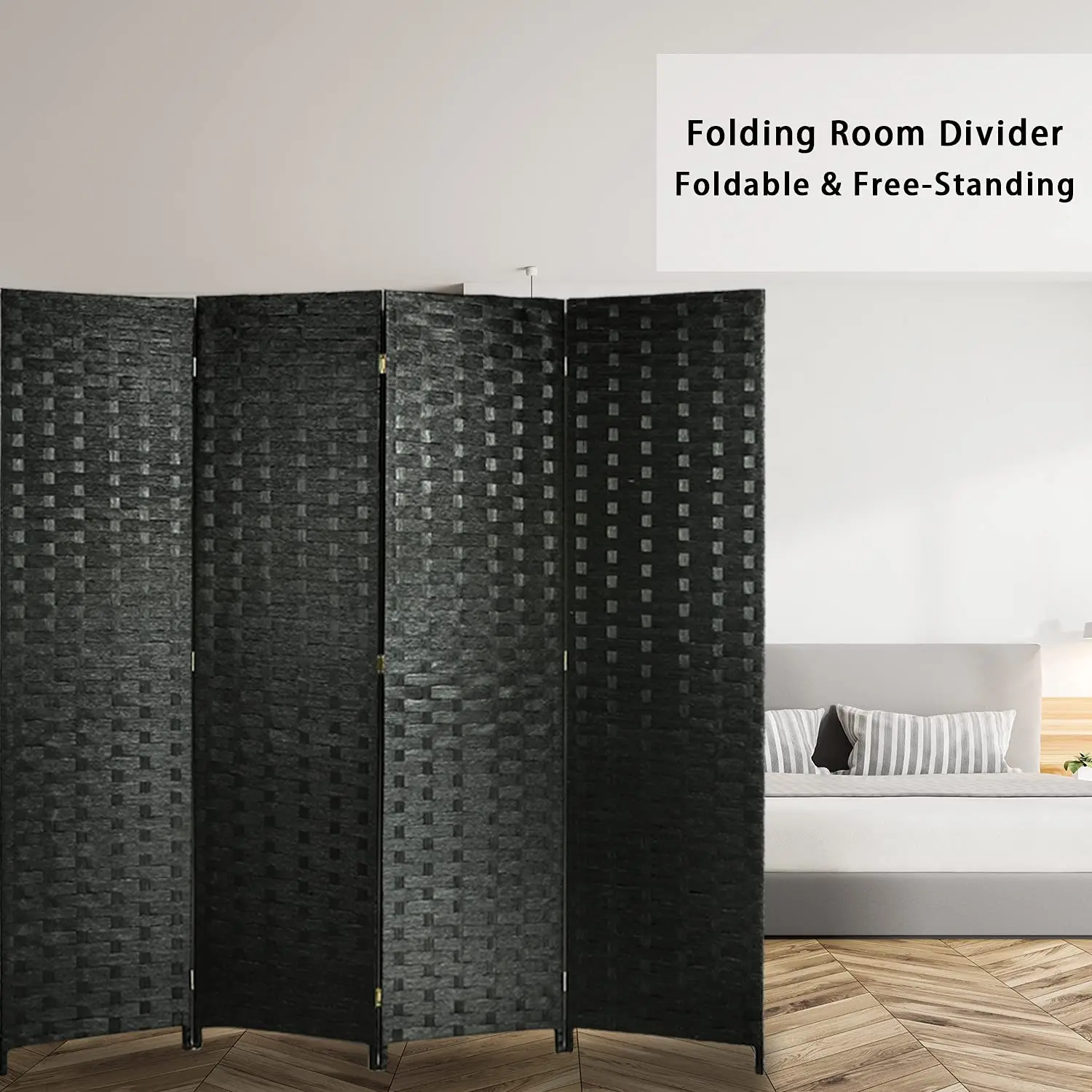Foldable Free Standing Privacy Screen Handmade 6ft High Fiber Screen Black 4 Panel Room Divider for Living Room, Office and Stud