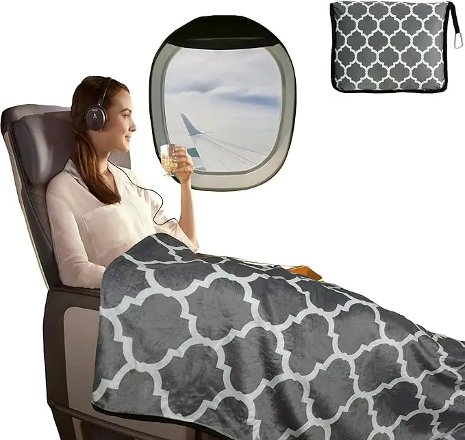 OEM 100% Polyester 4-in-1 Soft Checkerboard Pattern Plaid Travel Blanket with Portable Zipper Bag Custom Logo