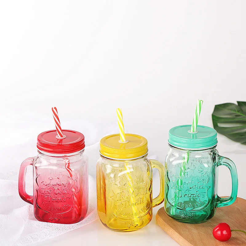 high quality colorful square 16oz glass mason jar with handles wholesale480ml juice mason jar with straw