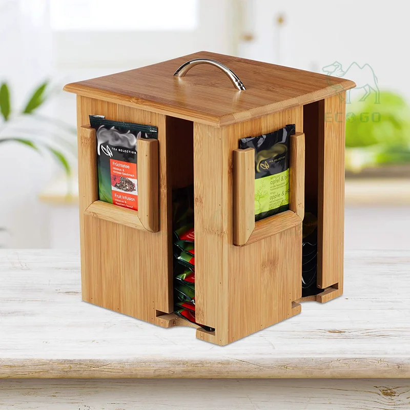 Natural Bamboo Wood Tea Box Revolving Container With Removable Lid 4 Compartments For 160 Tea Bags