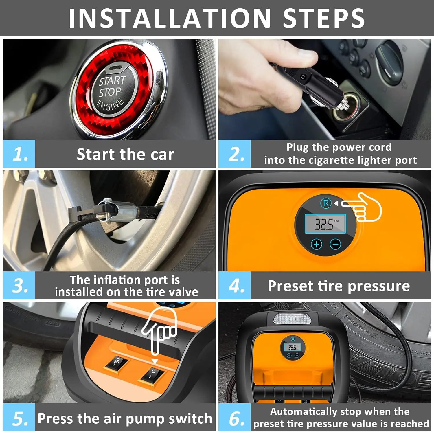 12V DC Portable Tire Inflator Air Compressor with Gauge Digital for Car Tires Bicycles